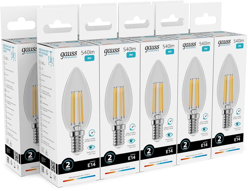 Лампа филам. Gauss Filament 8Вт цок.:E14 свеча св.свеч.бел.нейт. (упак.:10шт) (32128) фото 3