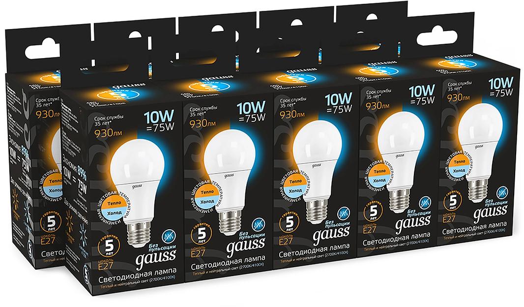 Лампа светодиодная Gauss A60 10Вт цок.:E27 груша 220B св.свеч.бел.теп. (упак.:10шт) (102502110-T) фото 3