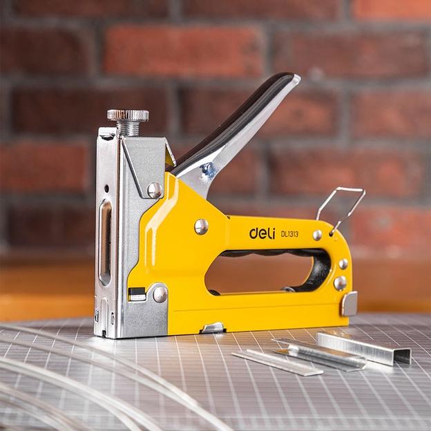 Степлеры, пистолеты, заклепочники Deli Мебельный степлер Deli DL1313 3-в-1. Для скоб 4-14мм D/U/T-типов. 0,6 кг. Полностью стальная конструкция фото 10