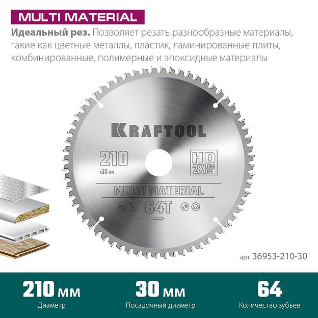 KRAFTOOL Multi Material, 210 х 30 мм, 64Т, пильный диск по алюминию (36953-210-30) фото 3