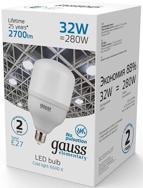 Лампа светодиодная Gauss Elementary T100 32Вт цок.:E27 цилин. 220B 6500K св.свеч.бел.хол. (упак.:1шт) (63233) фото 4