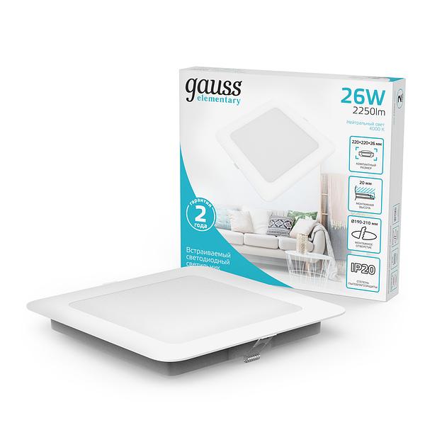 Светильник светодиодный ДВО 24 Вт 4000К 2100 лм 170-260В IP20 225х225х26мм монт разм 190х190мм Пластик Elementary Gauss фото 3