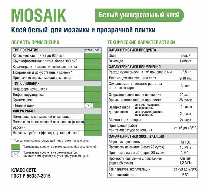 Белый клей MOSAIK для мозаики и прозрачной плитки Bergauf 25 кг фото 4
