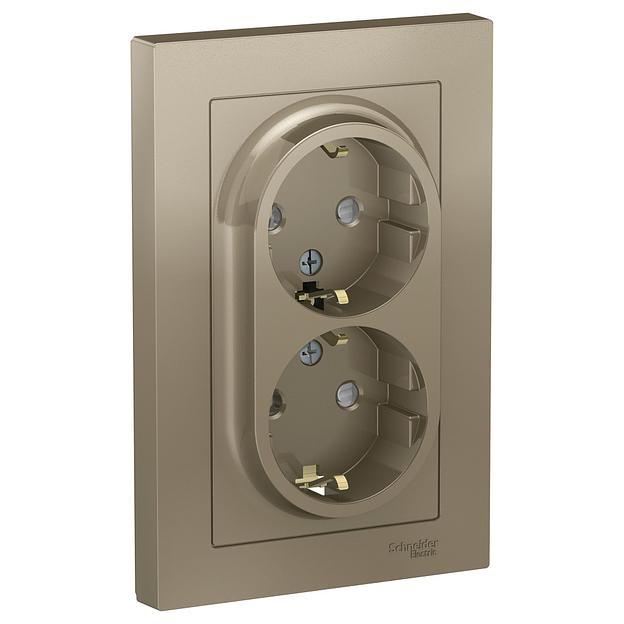 Systeme electric ATN000526 ATLASDESIGN РОЗЕТКА двойная с заземлением со шторками, 16А, в сборе, ШАМПАНЬ фото 1