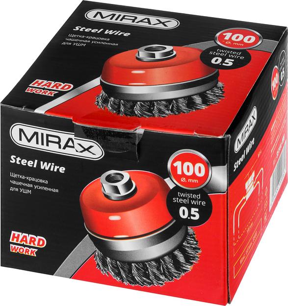 MIRAX 100 мм, жгутированная стальная проволока 0.5 мм, чашечная щетка-крацовка для УШМ (35144-100) фото 3