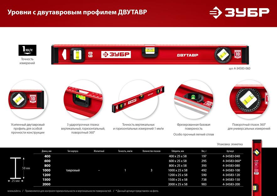 ЗУБР ДВУТАВР, 400 мм, двутавровый, уровень с усиленным профилем (4-34583-040) фото 8