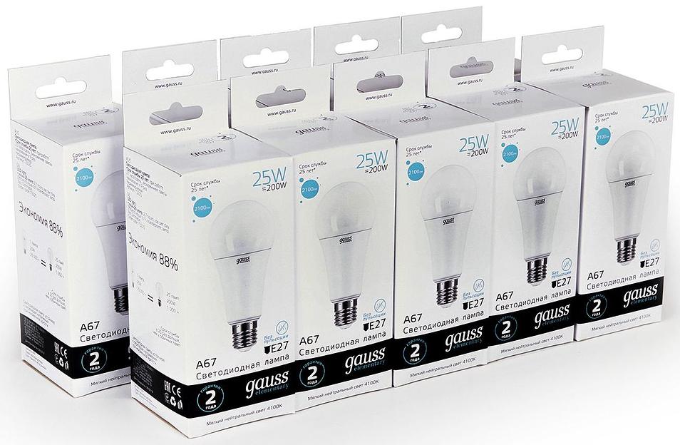 Лампа светодиодная Gauss Elementary 25Вт цок.:E27 груша 220B 4100K св.свеч.бел.нейт. A67 (упак.:10шт) (73225) фото 4