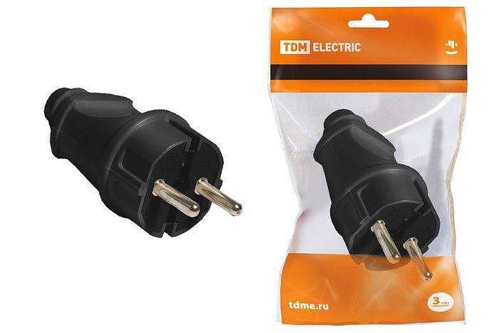 Вилка прямая с заземлением черная 16А 250В (SQ1806-0004) фото 1