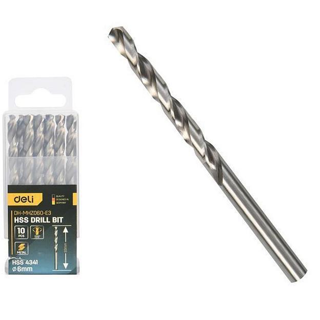 Набор сверл по металлу (6мм, 10 шт) Deli DH-MHZ060-E3 сталь HSS 4341, угол заточки 135 град, пласт. кейс фото 1