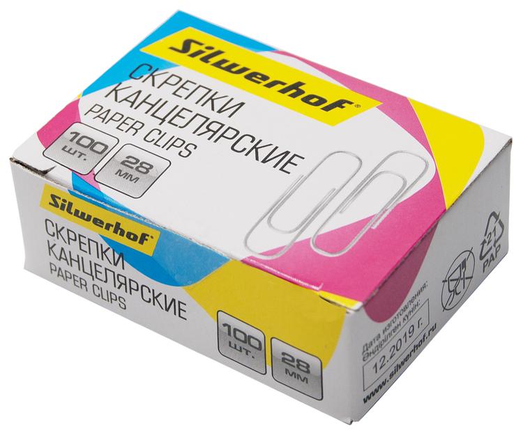 Скрепки Silwerhof 491029 металл оцинкованные 28мм (упак.:100шт) картонная коробка фото 2