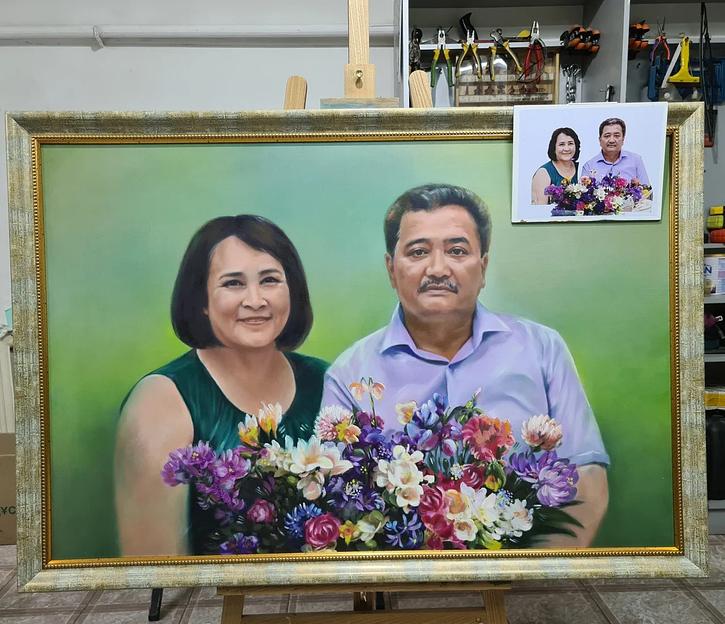 Портрет родителям на юбилей с фото маслом на холсте 590×420 мм на заказ от творческой мастерской «Лотос» г. Астана фото 1