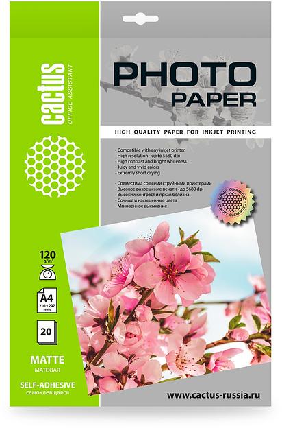 Фотобумага Cactus CS-MSA412020 A4/120г/м2/20л./белый матовое самоклей. для струйной печати фото 1