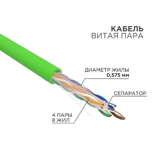 Rexant (01-0071) Кабель U/UTP, CAT 6, нг(А)-LSLTx 4х2х0,575 мм, 23AWG, внутренний, зеленый Rexant фото 1