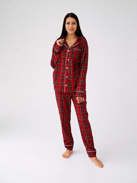 Пижама женская из хлопка и вискозы с брюками и рубашкой «Красная клетка», Опт фото 1