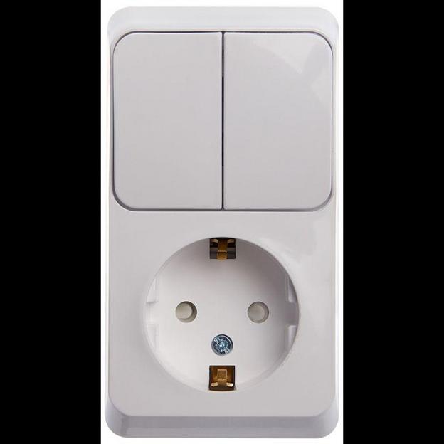 Systeme electric BPA16-202B ЭТЮД О/У БЛОК: РОЗЕТКА с заземл. со шт. + ВЫКЛЮЧАТЕЛЬ 2-клавиш., БЕЛЫЙ, Россия фото 1