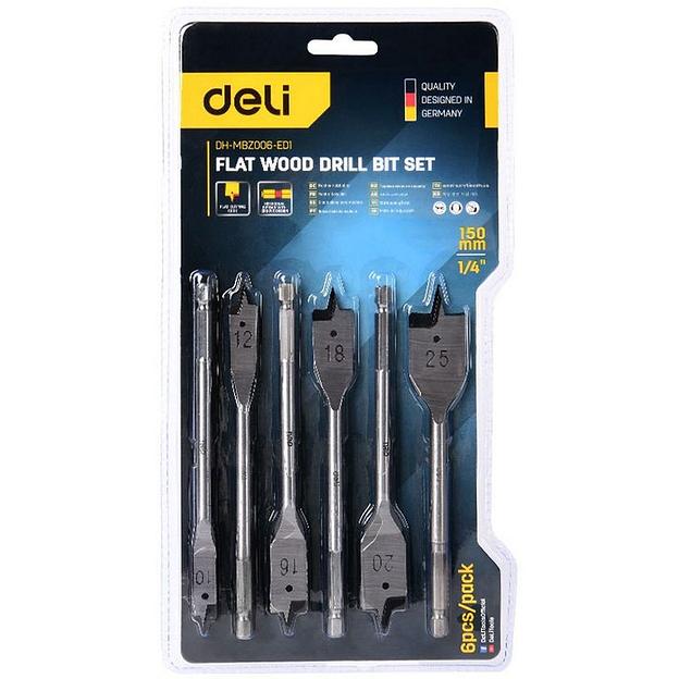 Набор оснастки Deli Набор перовых сверл по дереву 6 шт (10/12/16/18/20/25мм) Deli DH-MBZ006-ED1 длина 150мм, 1/4", блистер фото 1