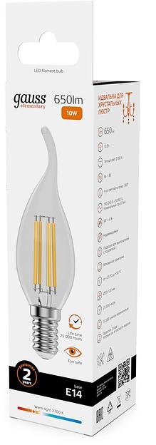 Лампа филам. Gauss Filament 10Вт цок.:E14 свеча св.свеч.бел.теп. (упак.:10шт) (42110) фото 5