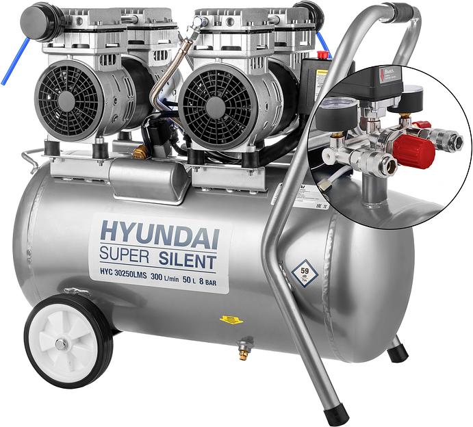 Компрессор поршневой Hyundai HYC 30250LMS безмасляный 300л/мин 50л 2000Вт серебристый/черный фото 3