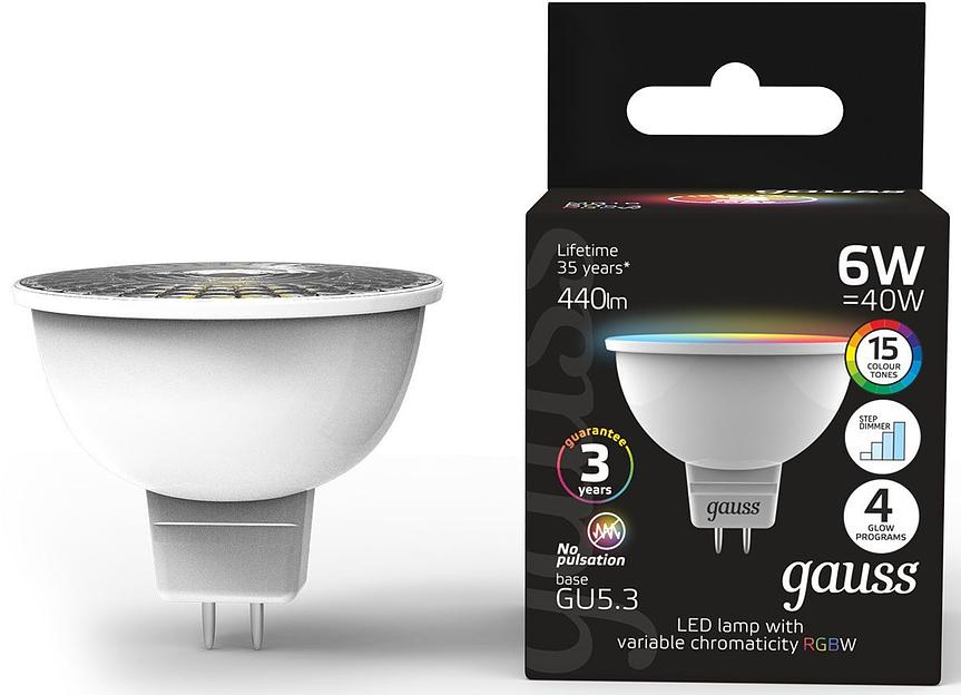Лампа светодиодная Gauss 101105406 6Вт цок.:GU5.3 софит 175B св.свеч.RGB MR16 (упак.:1шт) фото 1