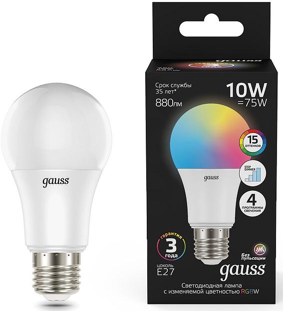 Лампа светодиодная Gauss 102102410 10Вт цок.:E27 груша 220B св.свеч.RGB A60 (упак.:1шт) фото 1