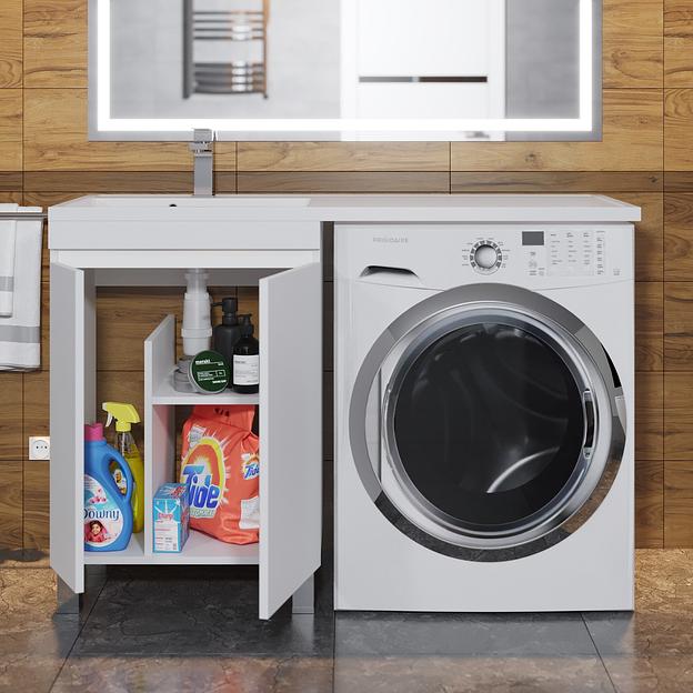 Тумба под стиральную машину с раковиной Uperwood Magenta 60/120 см, напольная, белая, с дверцами, левая фото 6