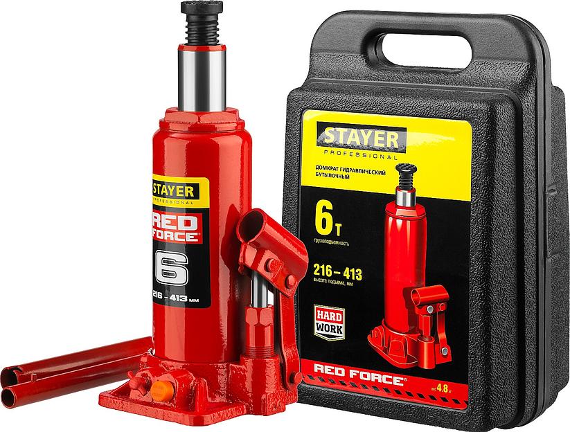 STAYER RED FORCE, в кейсе, 6 т, 216 - 413 мм, бутылочный гидравлический домкрат, Professional (43160-6-K) фото 1
