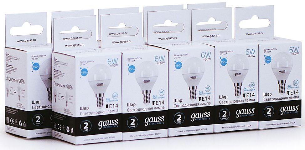 Лампа светодиодная Gauss Elementary 6Вт цок.:E14 шар 220B 4100K св.свеч.бел.ней. (упак.:10шт) (53126) фото 3