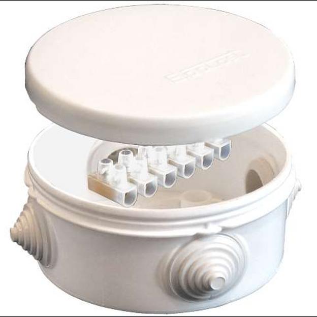 Коробка распределительная ОП d90х45мм IP54 с клемм. 4 выхода 4 гермоввода 10А 6 контактов крышка защ фото 1