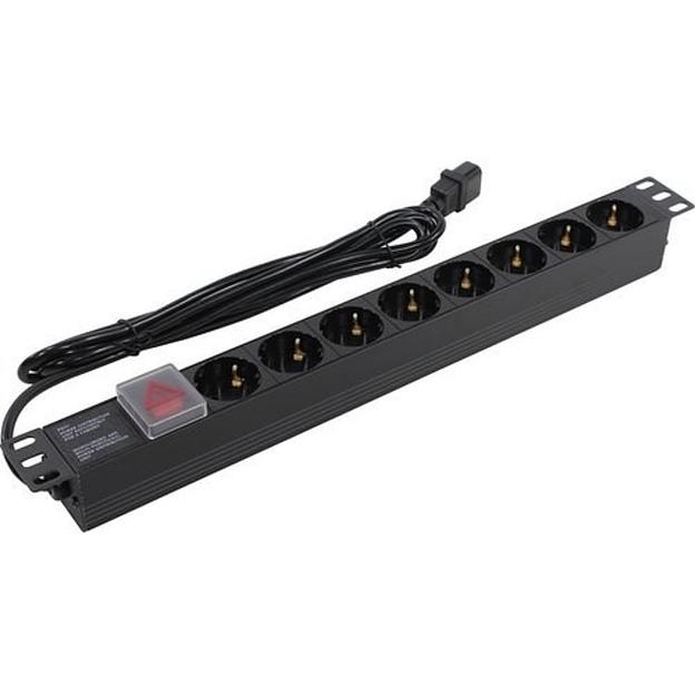 Exegate EX280845RUS Блок розеток ExeGate ServerPro PDU-19H806 Al-8S-C14-3-SW, 19", 1U, алюм, 8Schuko, кабель с C14 3м фото 1