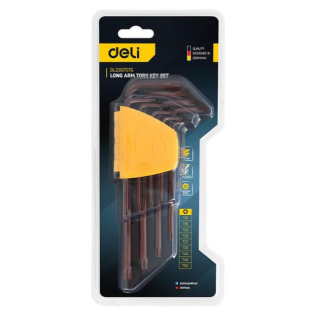 Ключ Deli Набор шестигранных ключей "TORX" удлиненных Deli DL230707G 9 шт S2, размеры T10,T15,T20,T25,T27,T30,T40,T45,T50, пластиковый держатель фото 3