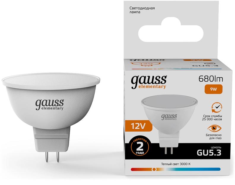 Лампа светодиодная Gauss Elementary 9Вт цок.:GU5.3 софит 12B св.свеч.теп.св./дневн. (упак.:10шт) (11519) фото 1