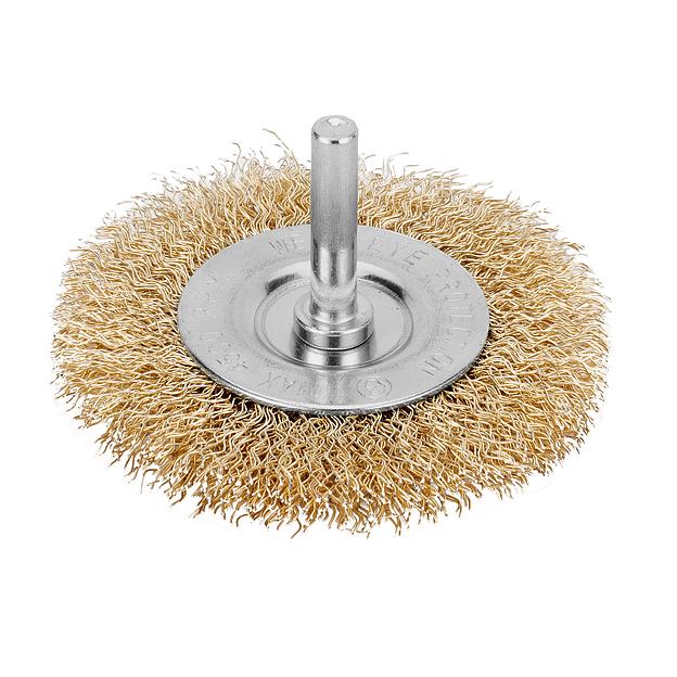 Кордщетка MATRIX 74448 для дрели 75мм плоская со шпилькой латунированная витая проволока фото 1