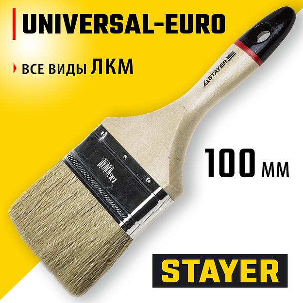 STAYER UNIVERSAL - EURO, 100 мм, 4″, светлая натуральная щетина, деревянная ручка, все виды ЛКМ, плоская кисть (0102-100) фото 2