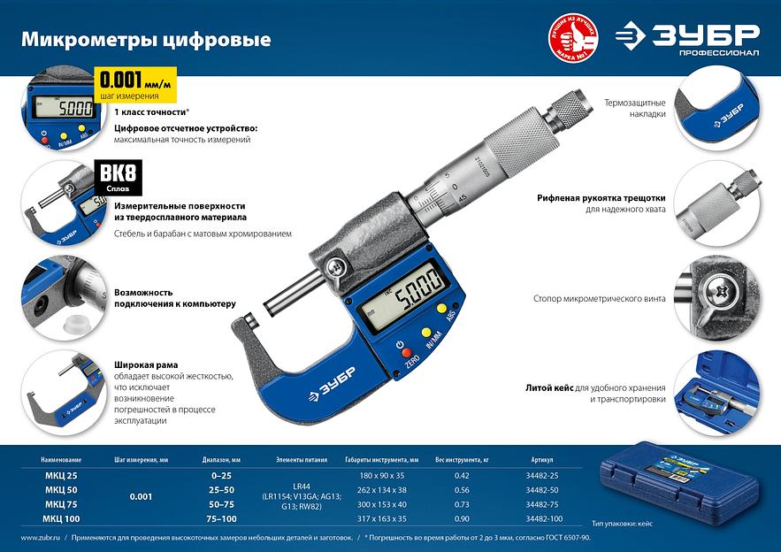 ЗУБР МКЦ 100, 75 - 100 мм, гладкий цифровой микрометр (34482-100) фото 7
