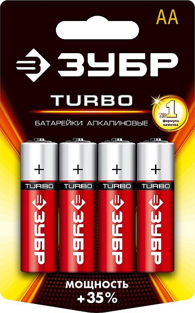 ЗУБР TURBO, АА х 4, 1.5 В, алкалиновая батарейка (59213-4C) фото 1