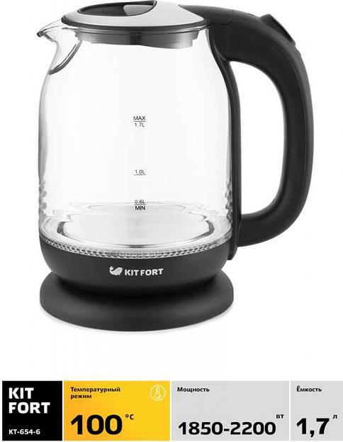 Чайник электрический Kitfort КТ-654-6 1.7л. 2200Вт черный (корпус: стекло) фото 2