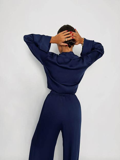 Пижама женская из шелка и вискозы с брюками и рубашкой «Синяя», Опт фото 3