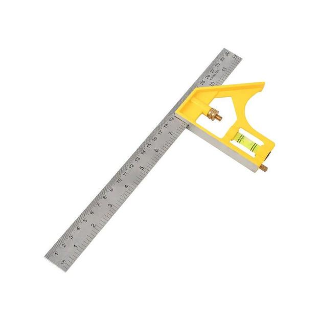 Линейка строительная с угольником и уровнем Deli DL7300Y 300мм, нержавеющая сталь, пузырьковый уровень фото 1