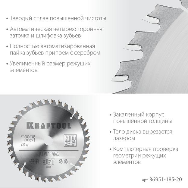 KRAFTOOL Optima, 185 х 20 мм, 36Т, пильный диск по дереву (36951-185-20) фото 4