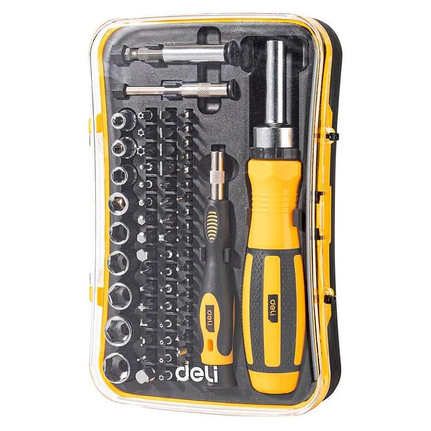 Набор прецизионных отверток и бит с держателями Deli DL3565 65 предметов трещотка 72 зуба, пластиковый кейс фото 5