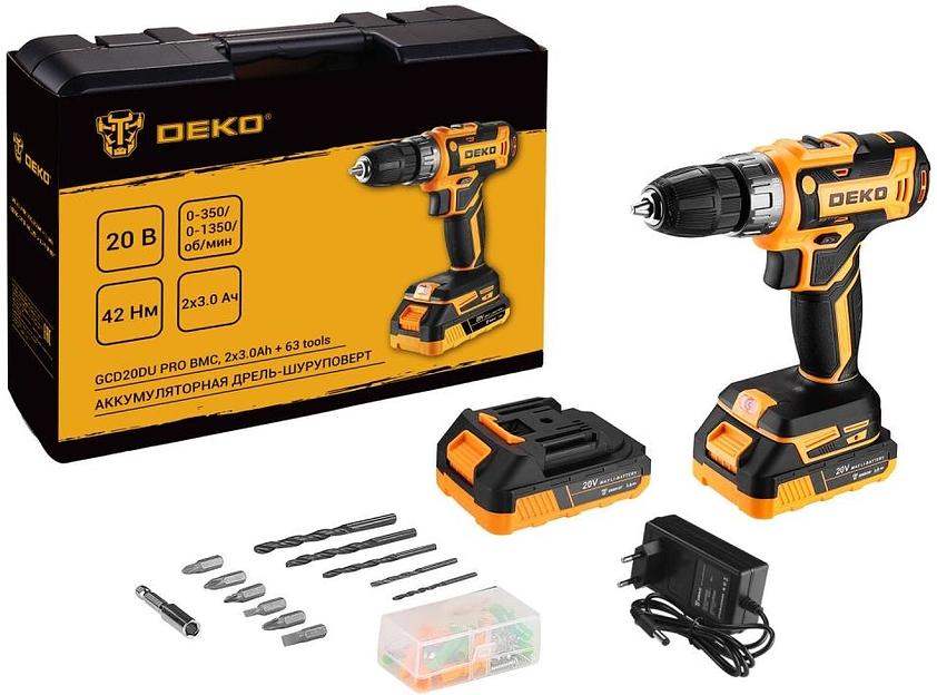 Аккумуляторная дрель-шуруповерт DEKO GCD20DU PRO в кейсе + набор 63 инструмента для дома, 20В, 2х3.0Ач [083-1039] фото 2