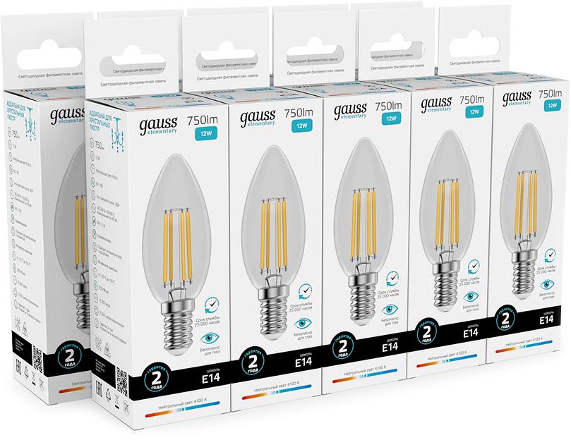 Лампа филам. Gauss Filament 12Вт цок.:E14 свеча св.свеч.бел.нейт. (упак.:10шт) (32122) фото 3