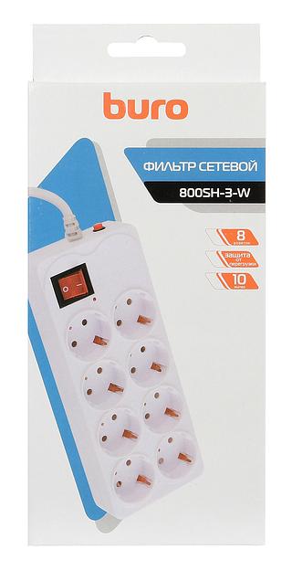 Сетевой фильтр Buro 800SH-3-W 3м (8 розеток) белый (коробка) фото 4