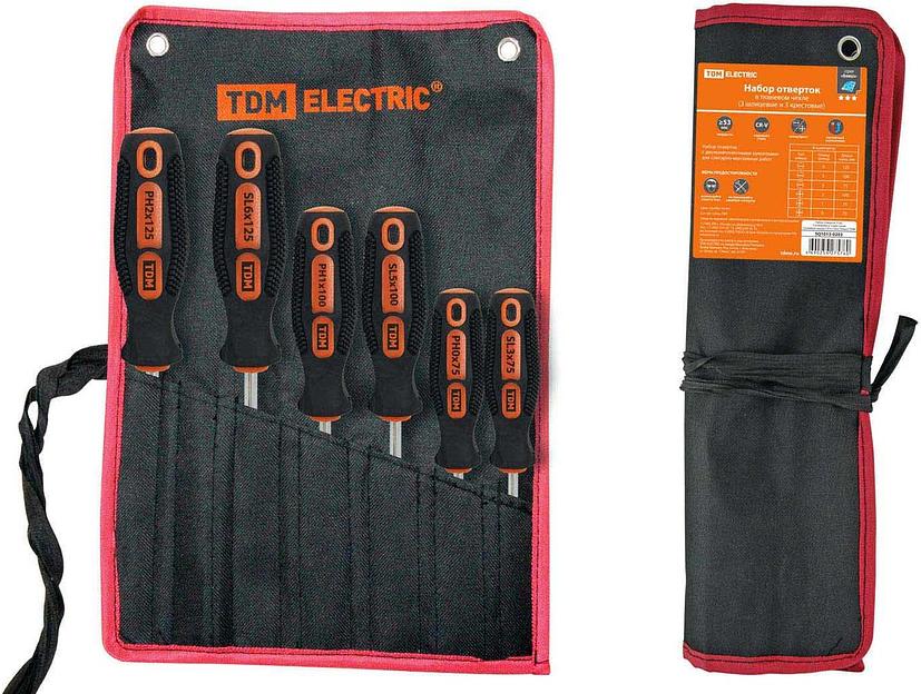 Набор отверток 6 шт.: SL:3х75;5х100;6х125, PH:0х75;1х75;2х100 (тканевый чехол), CR-V "Алмаз" TDM фото 1