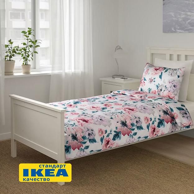 Пододеяльник 1,5 спальный, наволочка ПЛАТАН (ИКЕА ПЛАТТМАЛ) 150x200/50x70, цветочный орнамент/белый, сатин KL-90519762 фото 5