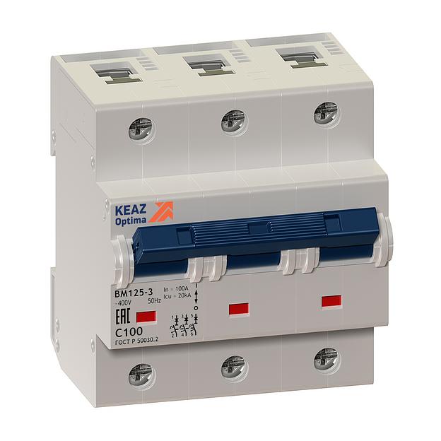 Выключатель автоматический модульный 3п C 80А OptiDin BM125 8ln УХЛ3 КЭАЗ 138543 фото 1