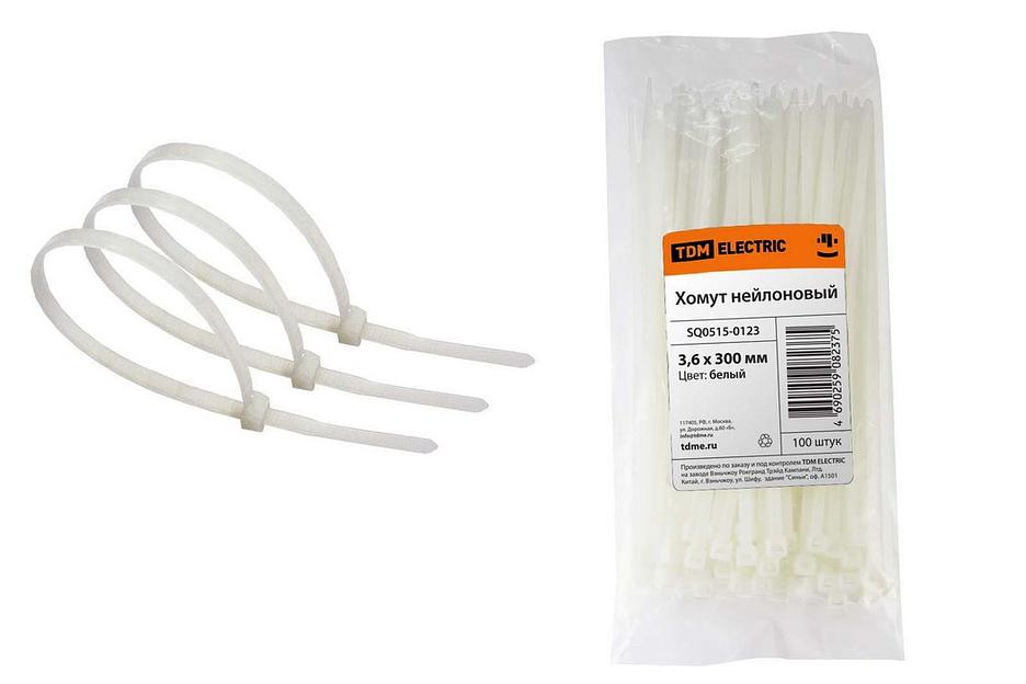 Хомут 3,6х300мм нейлон (белый) (100шт) (SQ0515-0123) фото 1