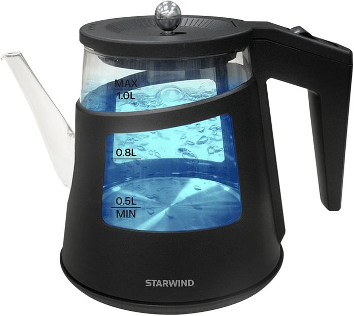 Чайник электрический Starwind SKG2113 1л. 1000Вт черный/прозрачный корпус: стекло фото 1