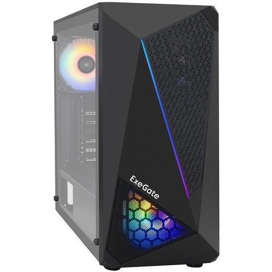 Exegate EX293016RUS Корпус Miditower ExeGate EVO-8225-NPX700 (ATX, БП 700NPX с вент. 12см, 2*USB+1*USB3.0, черный, 2 вент. с RGB подсветкой и полоса на передней панели, боковая панель - закаленное сте фото 1