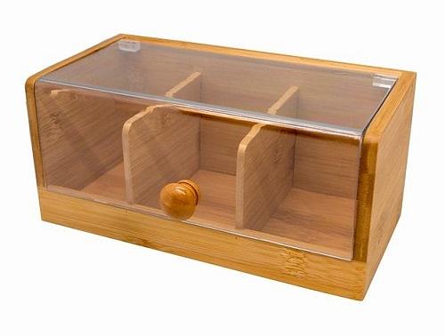 Контейнер для пакетиков чая 3 отд. 22*11*10 см. бамбук с пластик. прозрачной крышкой VB /1/ фото 1